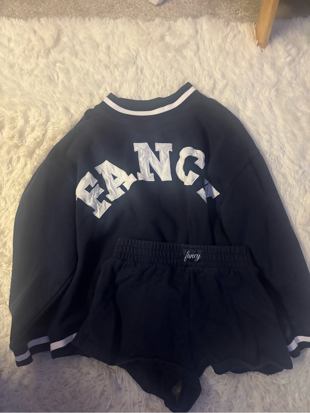 Navy 'FANCY' Sweatshirt and Shorts Lounge Set